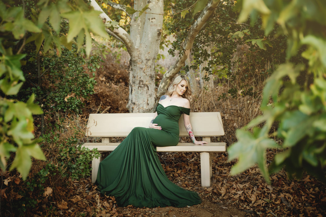 Pregnant Mama Lounging on Bench in Chicaboo Gown