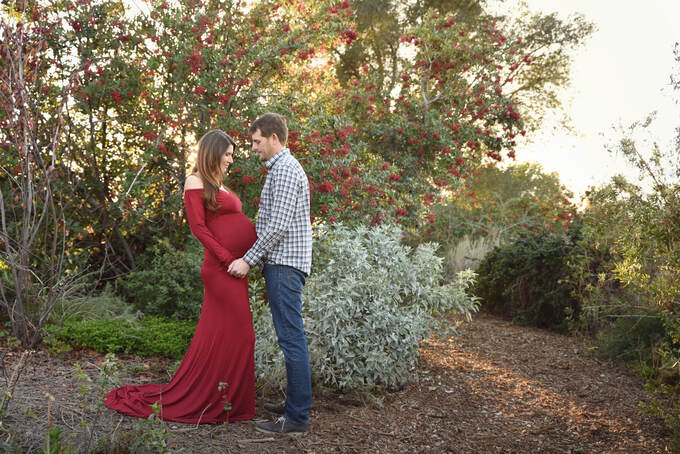 Gorgeous Expectant Mom and Dad in Red Chicaboo Maternity Gown at Maternity Session, Caroline Park, Redlands, CA