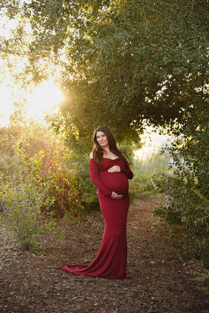 Gorgeous Expectant Mama in Red Chicaboo Maternity Gown at Maternity Session, Caroline Park, Redlands, CA